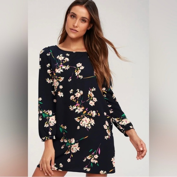 Lulus Herbaceous Babe Navy Floral Long Sleeved Shift Dress Women’s Size Small - Picture 3 of 16